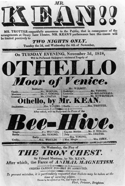 Manifesto teatrale che pubblicizza le esibizioni di Mr. Kean, 1818 da English School